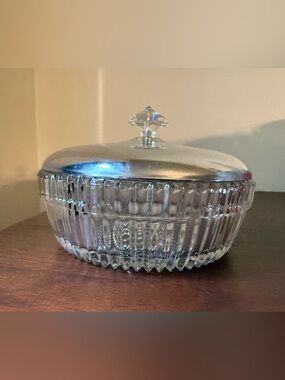 Clear Ribbed Glass Dish with Silver-Tone Lid